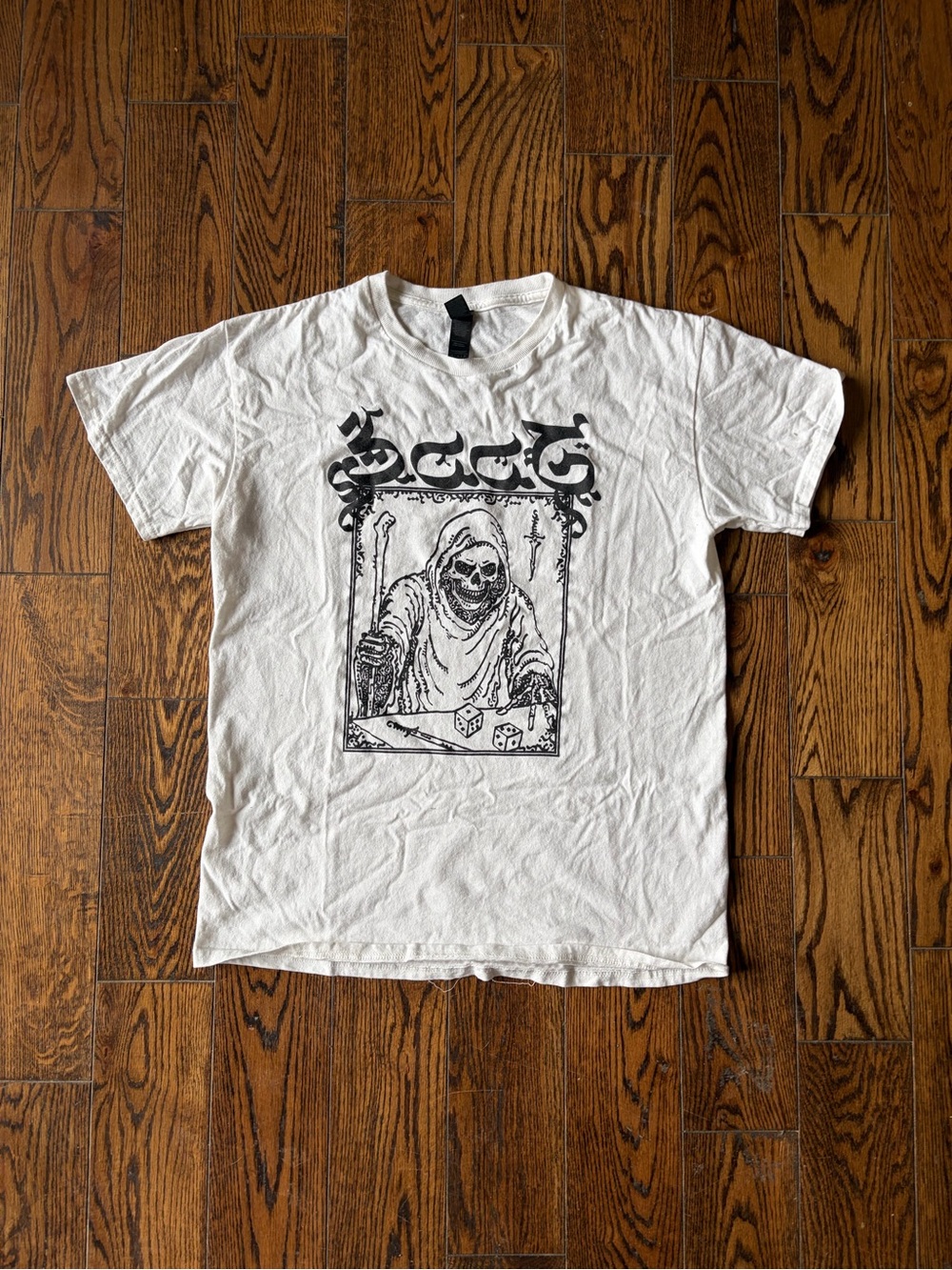 White Graphic Tee with Grim Reaper Dice Design